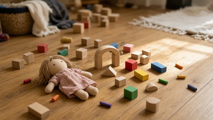 A rag doll in a pink dress lies on a hardwood floor among colorful wooden blocks and crayon stubs. A basket and a fringed rug sit in the background.
