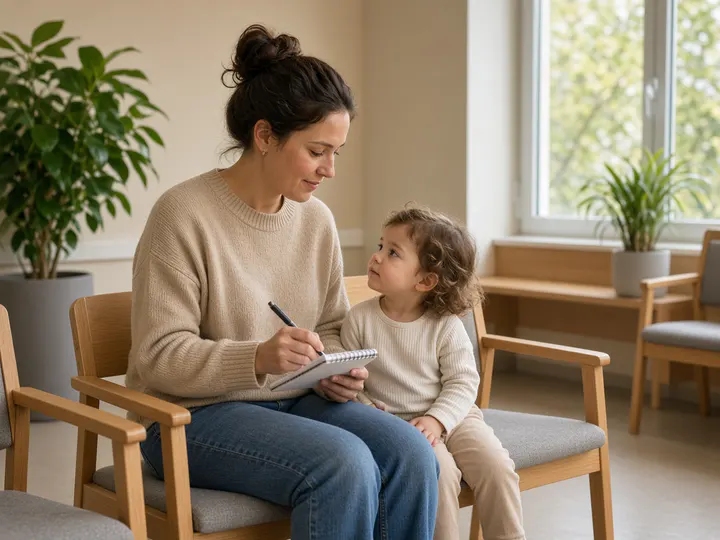 A parent writes in a small notepad on a wooden waiting-room chair while a toddler in cream knit clothes sits beside them near a window and plants.