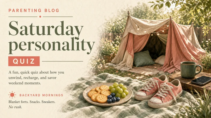 Magazine poster for Saturday personality. Cream type on the left, a backyard blanket-fort picnic with grapes, coral sneakers, and a teal mug on the right.